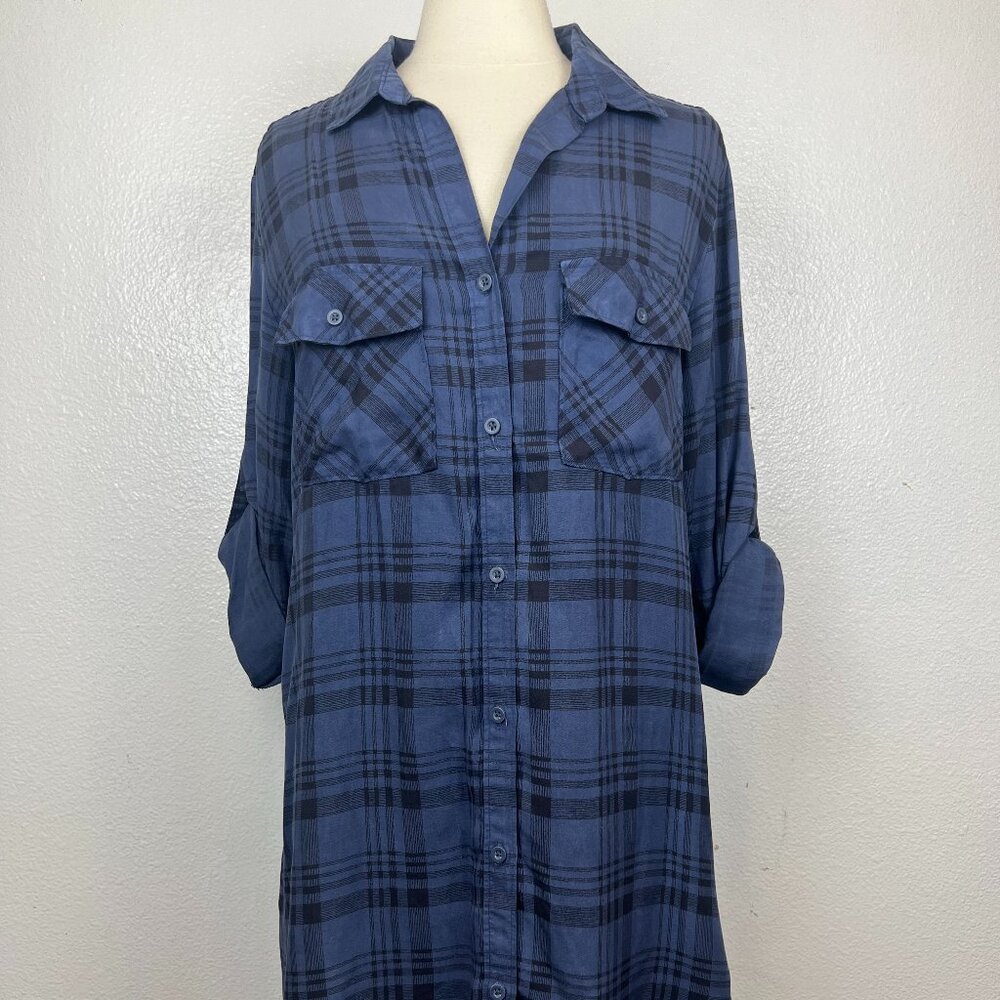 Anthropologie Cloth & Stone Blue Roll Tab Sleeve Plaid Button-UP Dress size L